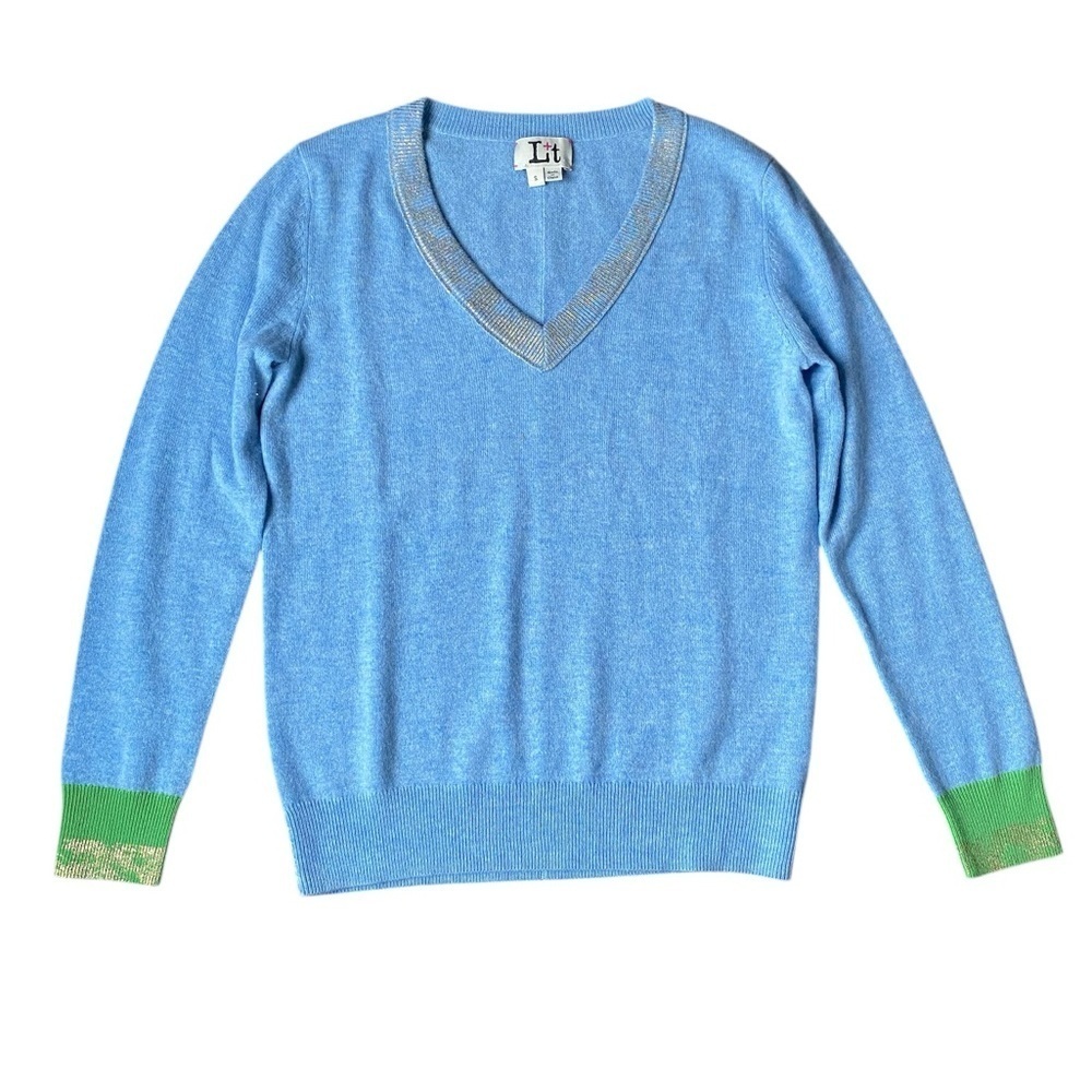 L+T 100% Cashmere Sweater Size S Light Blue Metallic V-Neck Green Cuffs